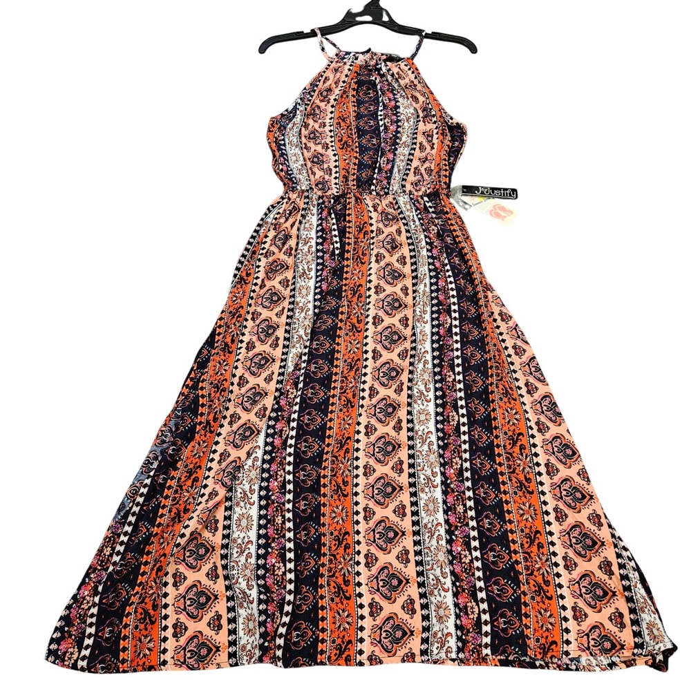 NWT Womens Orange Navy Paisley Halter Maxi Dress Side Slit Size M‎ Hippie Bogo
